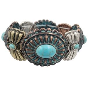 Mixed Metal Patina Chunky Concho Western Style Turquoise Stone Stretch Bracelet